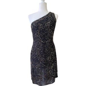 Nightway One Shoulder Beaded Cocktail Black Evening Dress Size 8